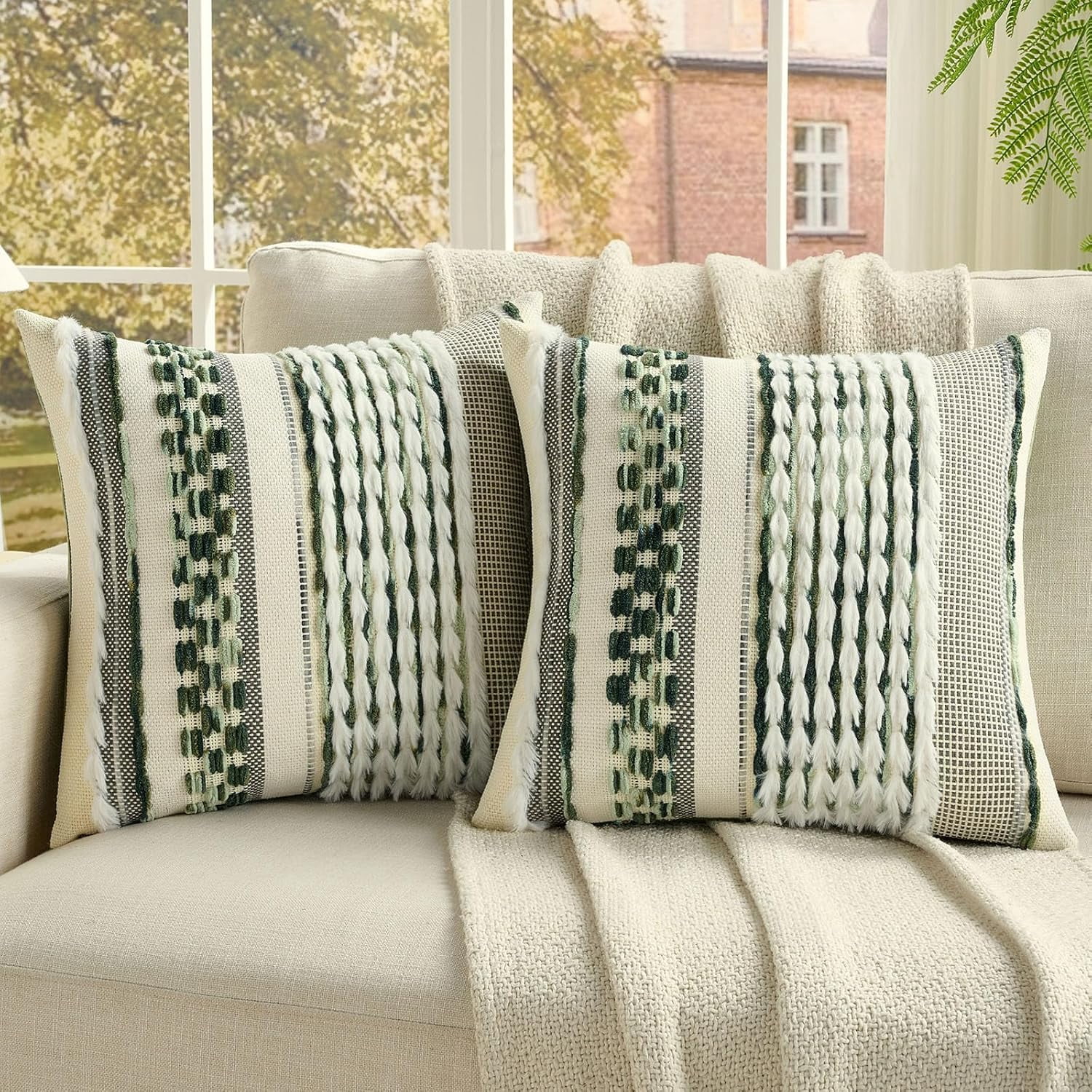 2 Pack Tufted Throw Pillow Covers 18x18 Inch, Green | Plush Striped ...