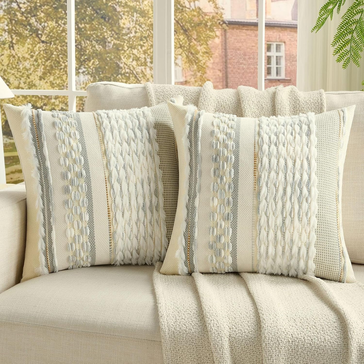2 Pack Tufted Throw Pillow Covers 18x18 Inch, Grey Blue & White | Plush ...