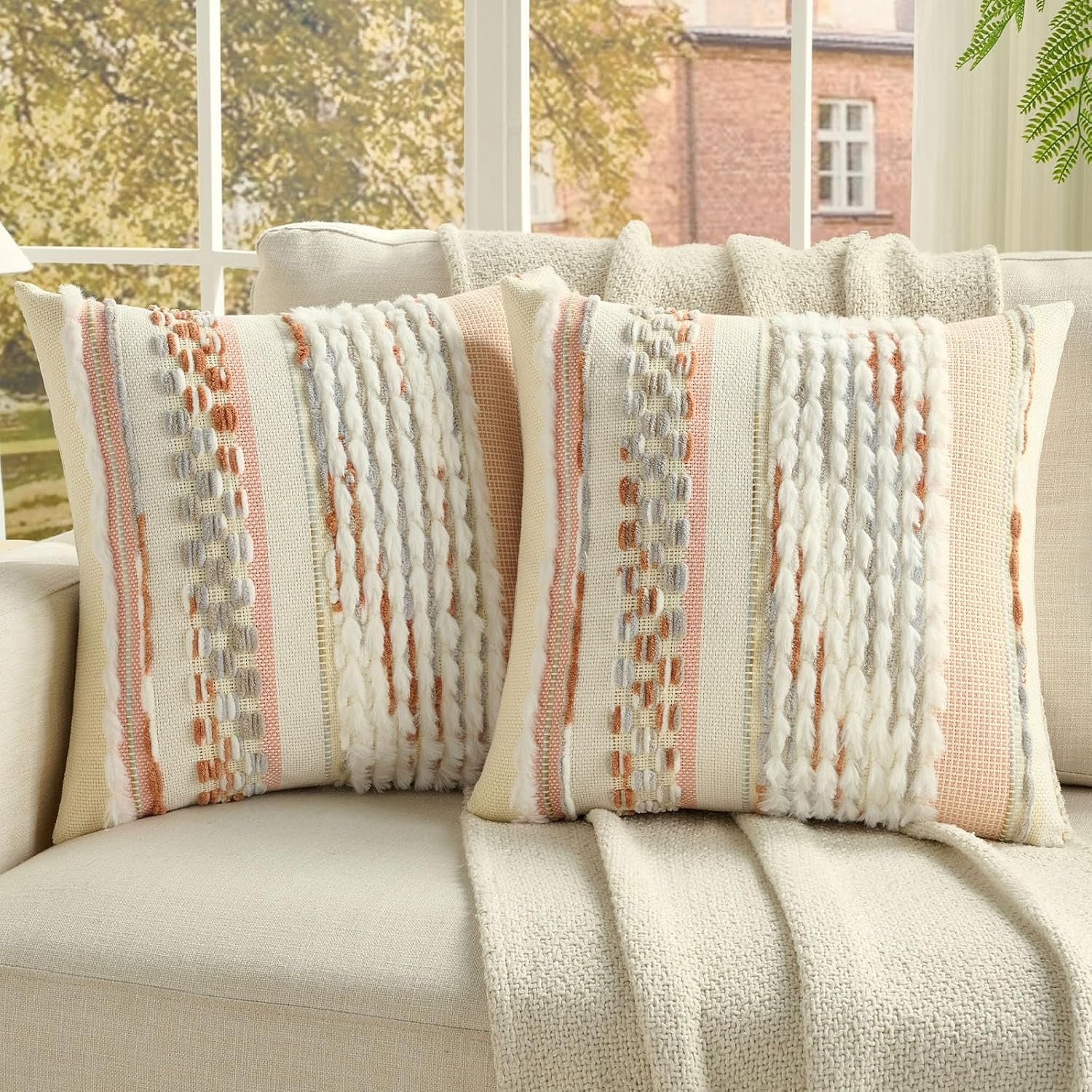 2 Pack Tufted Throw Pillow Covers 20x20 Inch, Grey Blue + Coral, Plush ...