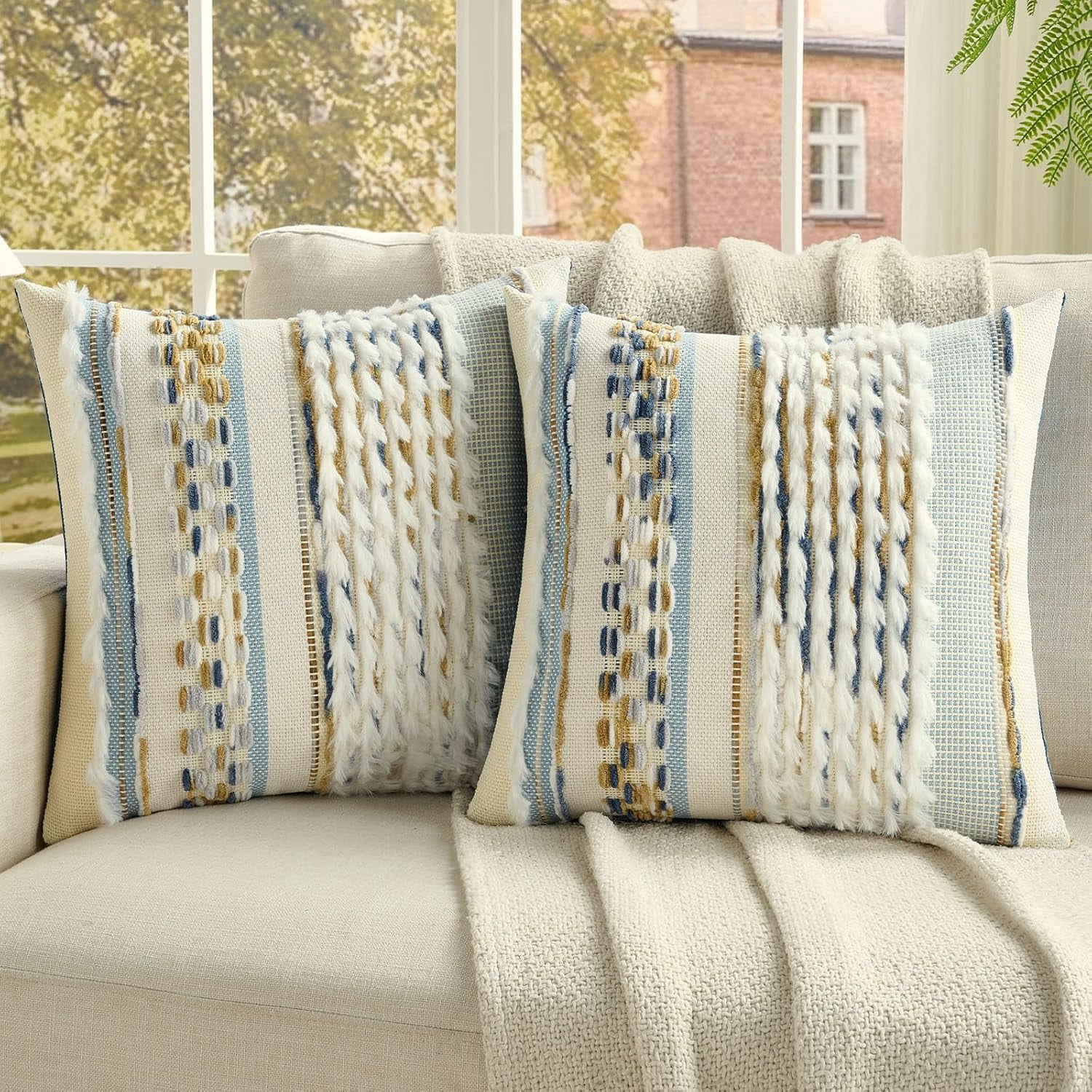 2 Pack Tufted Throw Pillow Covers 20x20 Inch, Navy and Brown | Plush ...