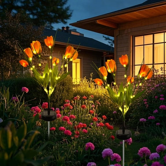 2 Pack Tulips Flowers, Artificial Flower Decoration, Outdoor Solar Lights, Waterproof Solar Lights Outdoor, Solar Garden Stake Flowers, Decorative Solar Lamp for Patio Lawn, Garden