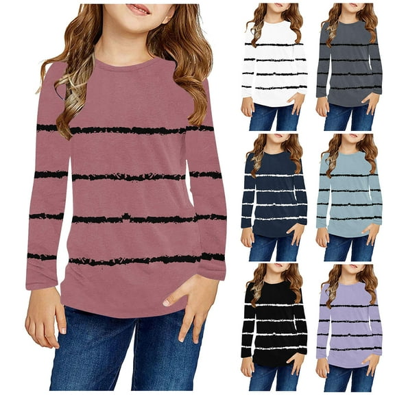 2 Pack Tunic Tops for Boys & Girls Long Sleeve Shirts Size 3-14 Toddlers Teens Casual Stripe Printed Pullover Basic Going Out Crewneck Tshirts Shirt