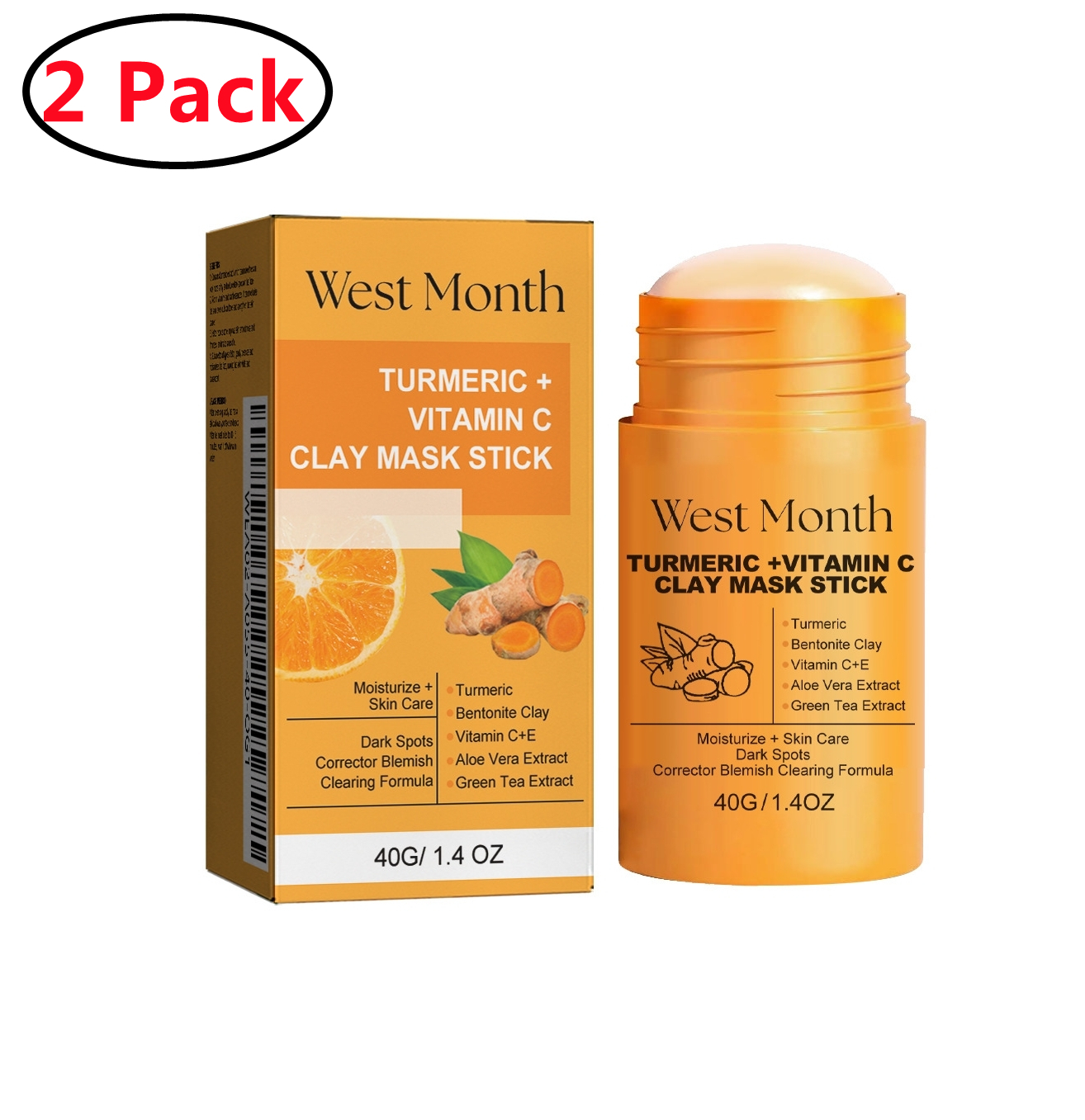 2 Pack Turmeric Clay Stick Mask, Organic, Vitamin C Purifying Mask for ...