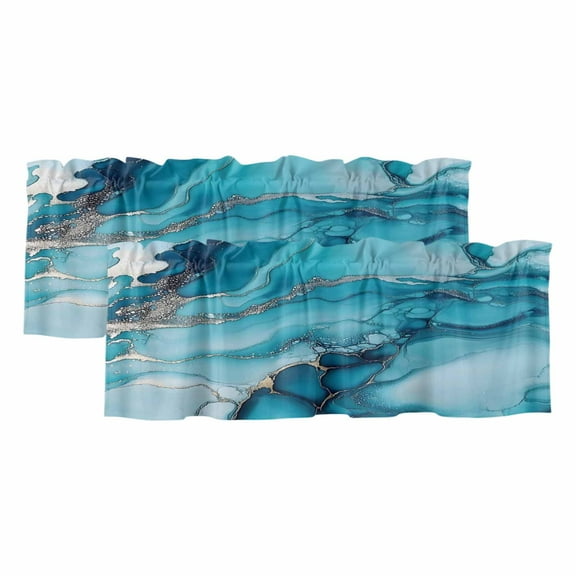 2 Pack Turquoise Marble Valance for Window Abstract Marble Kitchen Valance Rod Pocket Short Curtain Topper Decorative Window Treatment for Living Room Bedroom 54"x18"