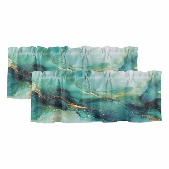 2 Pack Turquoise Marble Valances for Windows Bedroom Living Room Window Treatments, Ink Painting Modern Abstract Aesthetics Rod Pocket Valance Drapes Short Kitchen Curtains Over Sink 42"x18"