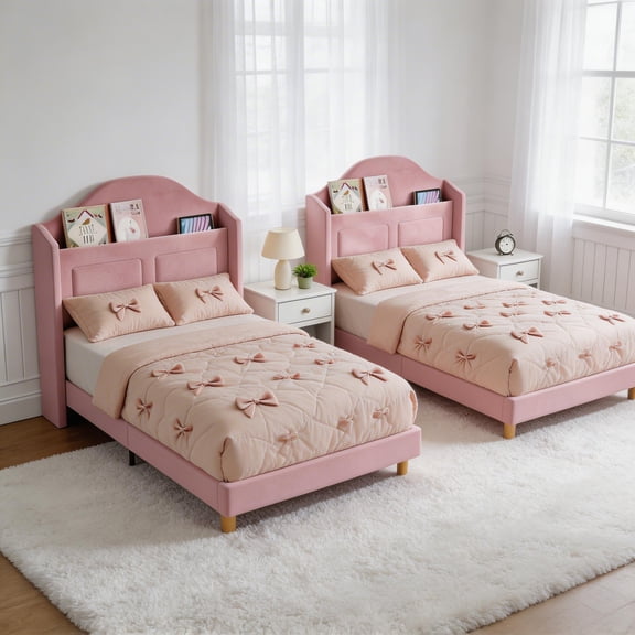 2 Pack Twin Bed Frame, Velvet Bed Frame with Storage Headboard, LED Light & Wingback, Sturdy Wooden Slats Support, Noise Free, Easy Assembly