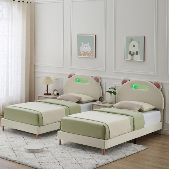2 Pack Twin Platform Bed Frames with Panda Upholstered LED Headboard, 350-lb Capacity, Wood Slats, No Box Spring Needed