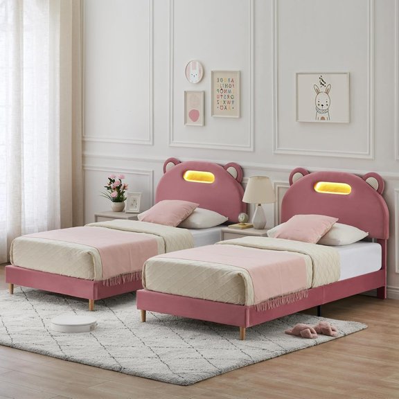 2 Pack Twin Platform Bed Frames with Panda Upholstered LED Headboard, 350-lb Capacity, Wood Slats, No Box Spring Needed