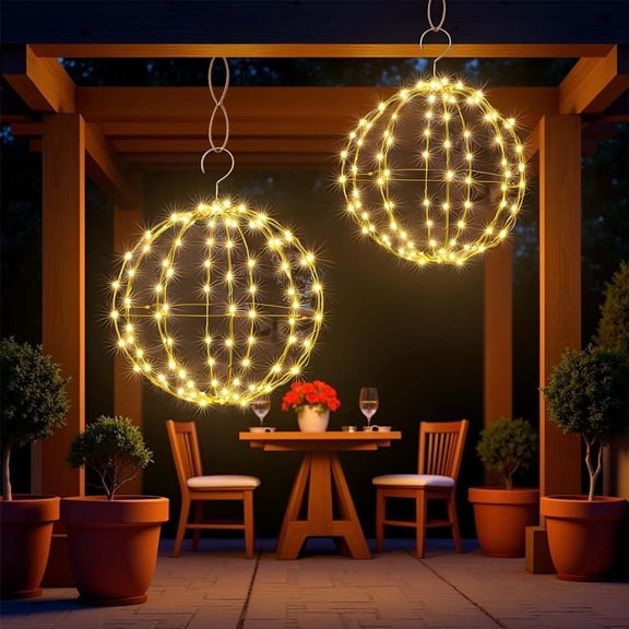 2 Pack Twinkle Orbs Battery Operated, Christmas Waterproof Folding LED Garden Sphere Tree Lights with Hooks for Indoor/Outdoor, Xmas, Party Yard Porch Eave Patio Home(Warm,7.87''x7.87'')