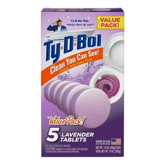2 Pack Ty-D-Bol Toilet Cleaner, Lavender Toilet Bowl Cleaner Tablets, Bleach Free, 1.4 oz, 5 Pack
