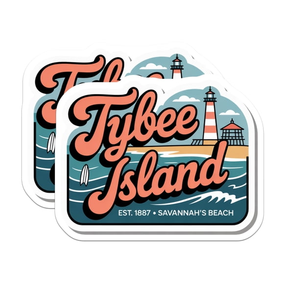 (2 Pack) Tybee Island Stickers - Savannah Beach Lighthouse - Retro Travel Decals - 5" On Longest Side - Sticks to Smooth Flat Surfaces - Made in USA - BMCS17977