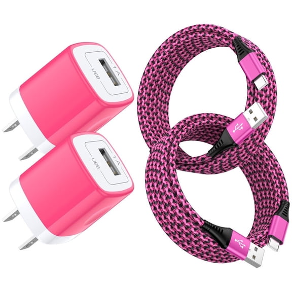 2-Pack Type C Charger Block with 6FT Braided USB C Cable, Compact Wall Charger Phone Charger Station Compatible with iPhone 17/16/15 Pro Max iPad Pro Galaxy S26 Android, Pink