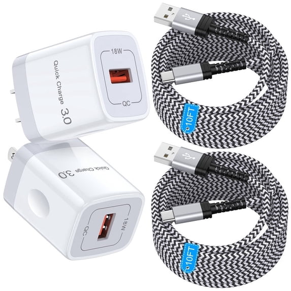2 Pack Type C Charger Fast Charging QC 3.0 18W with 2Pcs 10FT USB-C to C Braided Type C Charging Cables, USB C Wall Charger Compatible with iPhone 17/16/15 Pro Max iPad Pro Galaxy S26 Android, White
