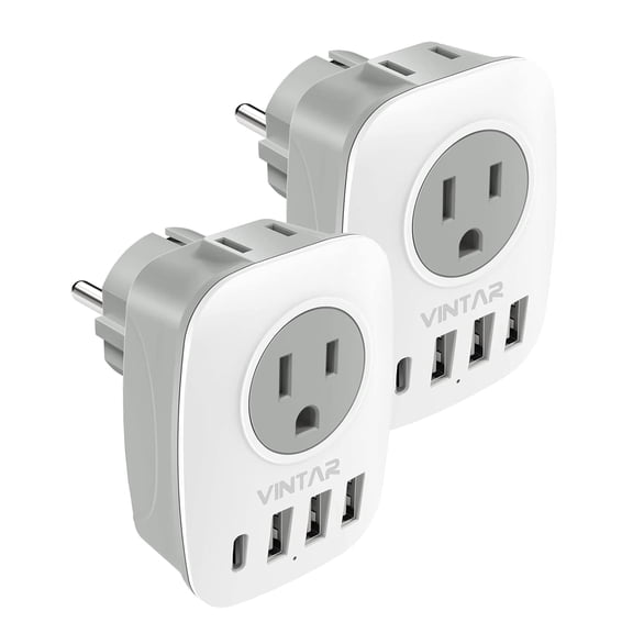 2 Pack Type E/F Plug Adapter, VINTAR Schuko Germany France Adapter Plug,South Korea Outlet Adapter with 1 USB C,3 USB Ports and 2 Outlets, US to EU Spain Iceland Greece Paris German French Korea