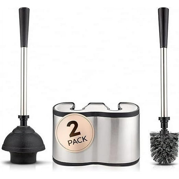 2 Pack UMIEN Toilet Brush and Plunger Set - Stainless Steel Plunger and Toilet Brush Combo with Freestanding Canister - Modern and Sleek Bathroom Cleaning Accessories