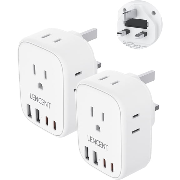 2 Pack US to UK Ireland Travel Plug Adapter,Grounded Type G Adapter For Travel with 4 Outlets 4 USB Ports (2 USB C), Power Plug for USA to Dubai Scotland British London England Hong Kong