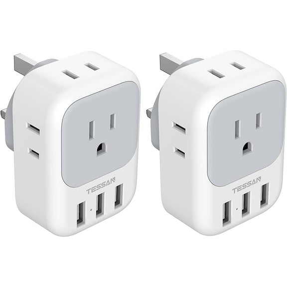 2 Pack US to UK Plug Adapter, Ireland Scotland Type G Power Adapter, 4 American Outlets 3 USB, Travel Adaptor Converter for USA to England London British Hong Kong Irish Kenya Dubai Qatar