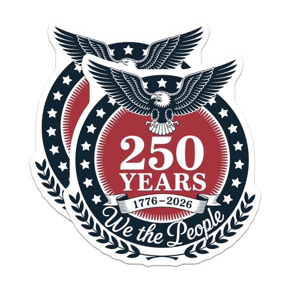 (2 Pack) USA 250th Anniversary Stickers - American Founding Father Patriot - We The People Bald Eagle Emblem - 5" On Longest Side - Sticks to Smooth Flat Surfaces - Made in USA - BMCS20597