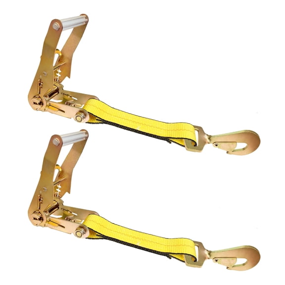 2 Pack USA Heavy Duty 2" Ratchet Replacement Fixed Short End Strap w/ Twisted Snap Hook, Yellow