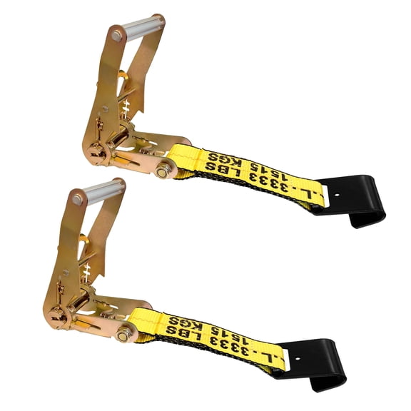 2 Pack USA Heavy Duty 2" Tie Down Ratchet Replacement Fixed Short End Strap w/Flat Hook, Yellow