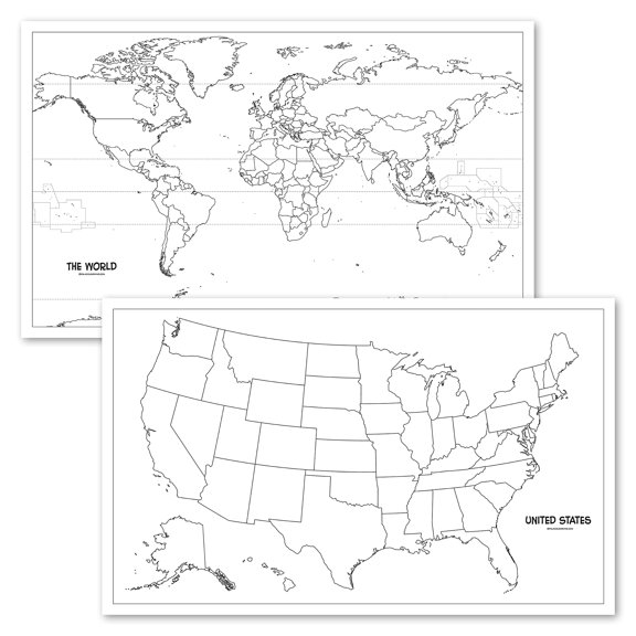 2 Pack USA & World Map Blank Outline Posters Laminated 18x29 Inches