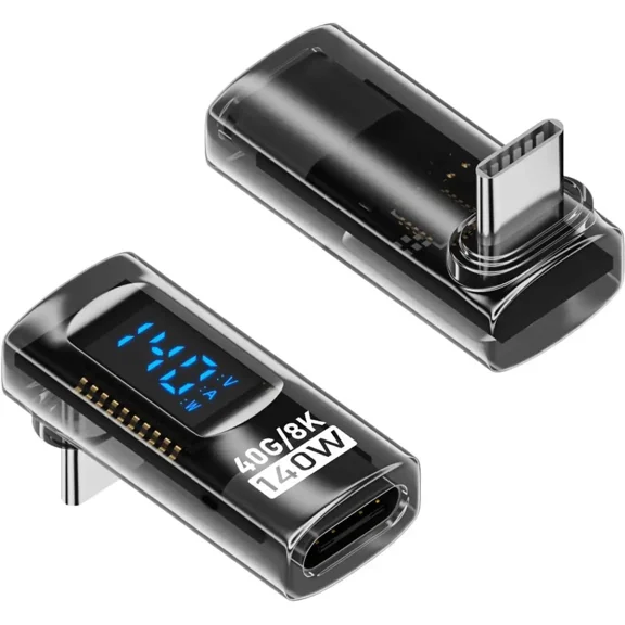 2 Pack USB C Adapter with Digital Display, 90 Degree Right Angle 140W USB-C Male to Female Connector for ROG Ally, Steam Deck and More, Support Voltage, Current and Power Smart LED Display