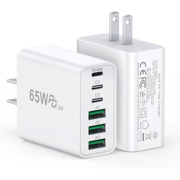 2-Pack USB-C Charging Blocks, 65W 6-Port Fast Charging Adapter, Supports QC+PD3.0, Type-C iPhone Multi-Port Wall Charger Plug, Compatible with iPhone 17/16/15/14/13 Pro Max, iPad, MacBook Air, Galaxy