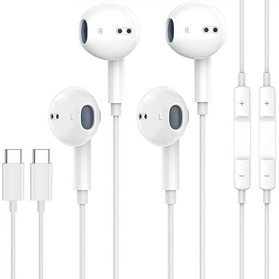 2-Pack USB C Headphones for iPhone 16 15 Earbuds with Microphone & Volume Control HiFi Stereo Type C Earphones for Galaxy S23/S22/S21/S20/Ultra Note 10/20, for iPad Pro Pixel 7/6/6a/5/4 OnePlus 9 8