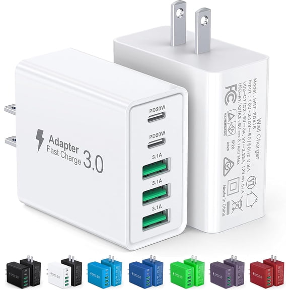 2-Pack] USB C Wall Charger,50W 5-Port PD Fast USB C Charging Block,2USB C+3USB A Multiport Plug,Type C Power Adapter Brick Cube for iPhone 17/16/15/14/13/12/Pro Max/XS,iPad,for Switch,Samsung,Ultra 2