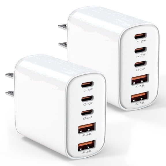 2 Pack USB C Wall Charger Block, 32W 5 in 1 Fast Charging Blocks, PD 3.0 Fast Charger iPhone, 2 USB A Wall Plug Multiport Type C Charging Block for iPhone 17 16 15 14 13 12 Pro Max, Samsung, AirPods