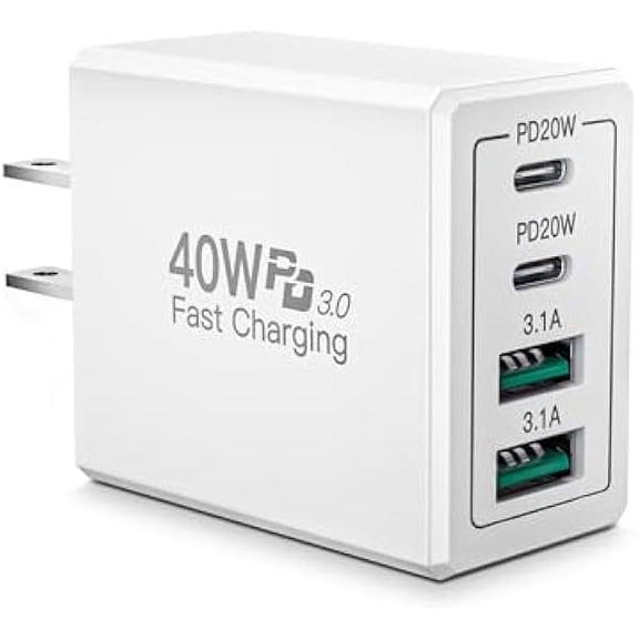 [2-Pack] USB C Wall Charger Block, 40W 4-Port USB C Super Fast Charger Dual Port PD Power Adapter+QC Wall Plug Multiport Type C Brick Cube Compatible with iPhone 15 14 13 12 11 Pro XR XS 8 7, Samsung