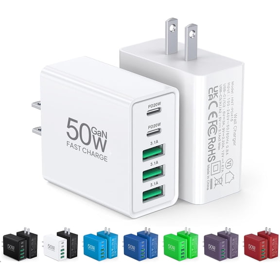 [2-Pack] USB C Wall Charr,50W 5-Port PD Fast USB C Charging Block,2USB C+3USB A Multiport Plug,Type C Power Adapter Brick Cube for iPhone 17/16/15/14/13/12/Pro Max/XS,iPad,for Switch,Samsung,Ultra 2