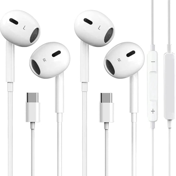 2 Pack USB-C Wired Earbuds for iPad Pro iPhone 15 Series, Hi-Fi Stereo Sound with Mic Volume Control, Universal Android Compatible