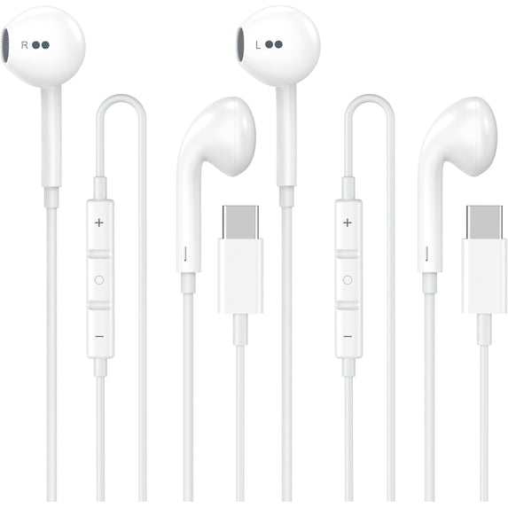 2 Pack USB-C Wired Earbuds for iPad Pro iPhone 15\16\17 Series, Hi-Fi Stereo Sound with Mic Volume Control, Universal Android Compatible