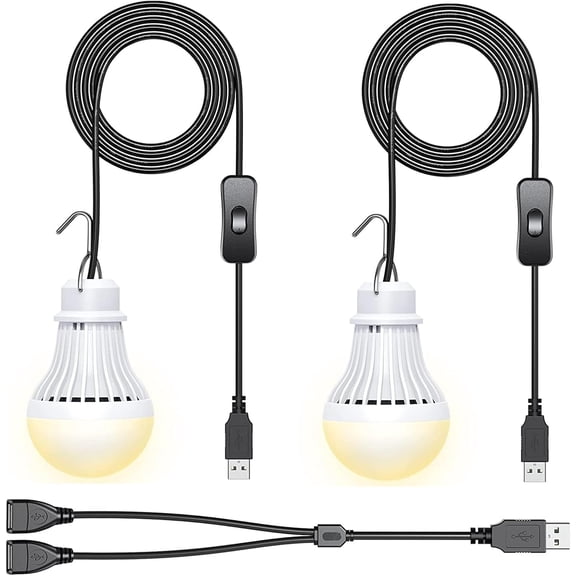 2 Pack USB LED Camping Lantern, 8.2 ft Extra Length Cord Tent Light with USB Y-Cable, Portable LED Bulb for Garage, Warehouse, Car, Truck, Fishing Boat, Room, Emergency Light, Warm