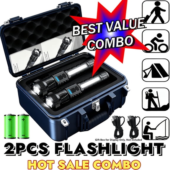 2 Pack USB Rechargeable Flashlight, Zoomable with 3 Modes & Power Display, Super Bright for Camping, Emergencies and Hurricanes, perfect holiday gifts.
