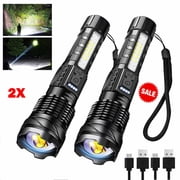 2-Pack USB Rechargeable LED Flashlight, 30W Tactical Flashlight with 7 Modes, Type-C Fast Charge, Adjustable Focus, Red/Blue Warning Light for Camping Hiking Work