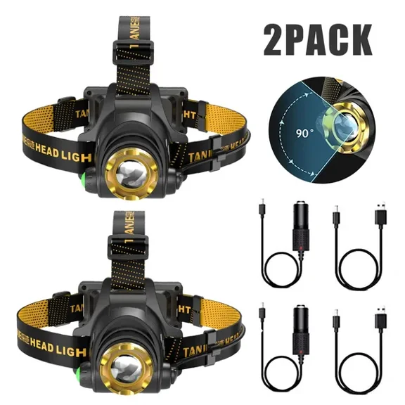 (2 Pack)USB Rechargeable LED Headlamp 3-Modes Adjustable Camping Hiking Headlight W/Car Charger+USB Cable(Logistics only For USPS.TK/TMEU only For self-pickup)