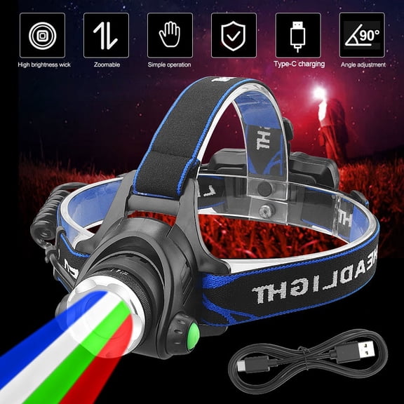 2 Pack USB Rechargeable LED Headlamp, Zoomable Head Torch With White Blue Green Red Multi Color Light For Outdoor Camping Fishing