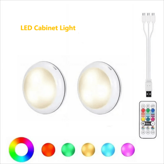 2-Pack USB Rechargeable RGBW LED Cabinet Light Puck Lamps - 16 Colors, Timer Remote, Perfect for Under Shelf Kitchen Lighting