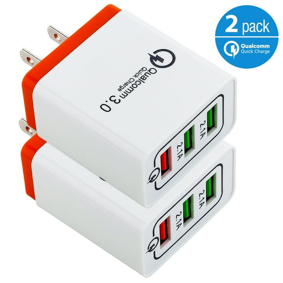 2-Pack USB Wall Charger 30W 3-Ports with Quick Charge 3.0, Wall Charger Adapter, Fast Charging for Samsung Galaxy S23/S22/S21/S20/S10/S9 Ultra, iPhone 14/13/12/11 Pro Mini, X/Xs, White/Orange