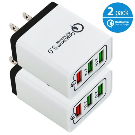 2-Pack USB Wall Charger, AFFLUX 7.2A 3-Port Fast Charging USB Wall Charger Universal Power Adapter Qualcomm 3.0 Quick Charge For Cell Phone, Samsung Note 8 9, Galaxy S8, S9, S9+ iPhone 7 8 X XR Xs Max