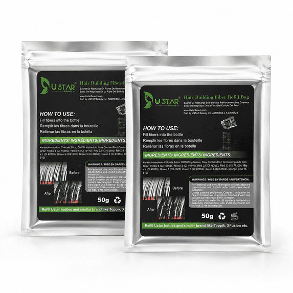 2 Pack-USTAR Hair Building Fibers Refill Bag 50g - Medium Brown