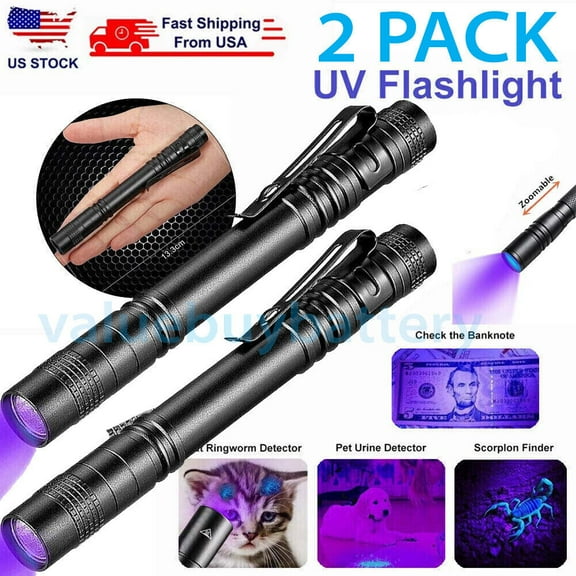 2 Pack UV Black Light Flashlight Mini, 395nm Pen Light with Clip, Ultraviolet Blacklight for Pet Urine Detection, Waterproof Detector Light for Dry Stains, Bed Bug, Scorpion, Hotel Inspection