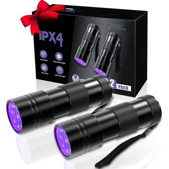2 Pack UV Flashlight, 12 LED Handheld Blacklight Flashlight 395nm Mini Light Torch Detector for Dog Pet Urine Stains, Bed Bugs and Scorpions. (Batteries not Included)