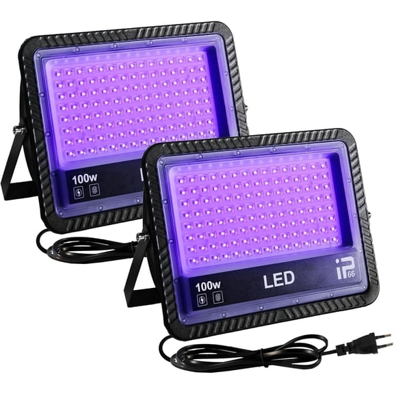 2-Pack UV LED Blacklight Spotlights 100W, IP66 Waterproof Outdoor UV Spotlights with Plug, 385-400NM (UV-A) UV Floodlights for Blacklight Parties, Glow Parties, Halloween