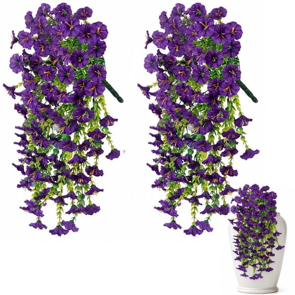 2 Pack UV Resistant Artificial Hanging Morning Glory Vines with Eucalyptus Leaves, Fake Trailing Flowers for Indoor Outdoor Porch Wall Balcony Wedding Garden Decor (Purple)
