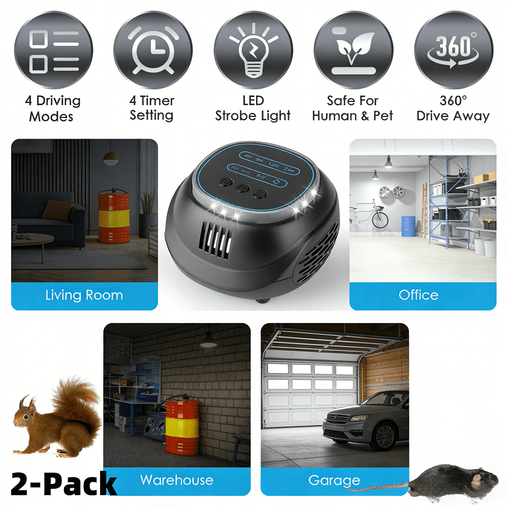 2 Pack Ultrasonic Pest Repeller Rodent Mouse Chaser 4 Mode 4-65KHz Strobe 1292sq.ft Coverage 3.94In Garage Basement Attic Warehouse Indoor Electronic Repellent USB Timer Setting Plug In Device