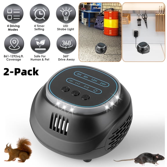 2 Pack Ultrasonic Rodent Chaser Rat Repellent, Pest Driver Mouse Control Squirrel Repeller with 4 Modes 4-65KHz Strobe Light 4 Timer. Coverage for Rodent Mouse Rats Squirrels Bats