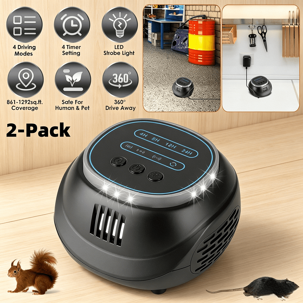 2 Pack Ultrasonic Rodent Repeller Mouse Rat Squirrel Bat Pest Control 4Modes 4-65KHz Strobe Light 4Timer 129Sq Ft Coverage 3.94Inch ABS USB Powered Garage Attic Basement Warehouse Office Kitchen